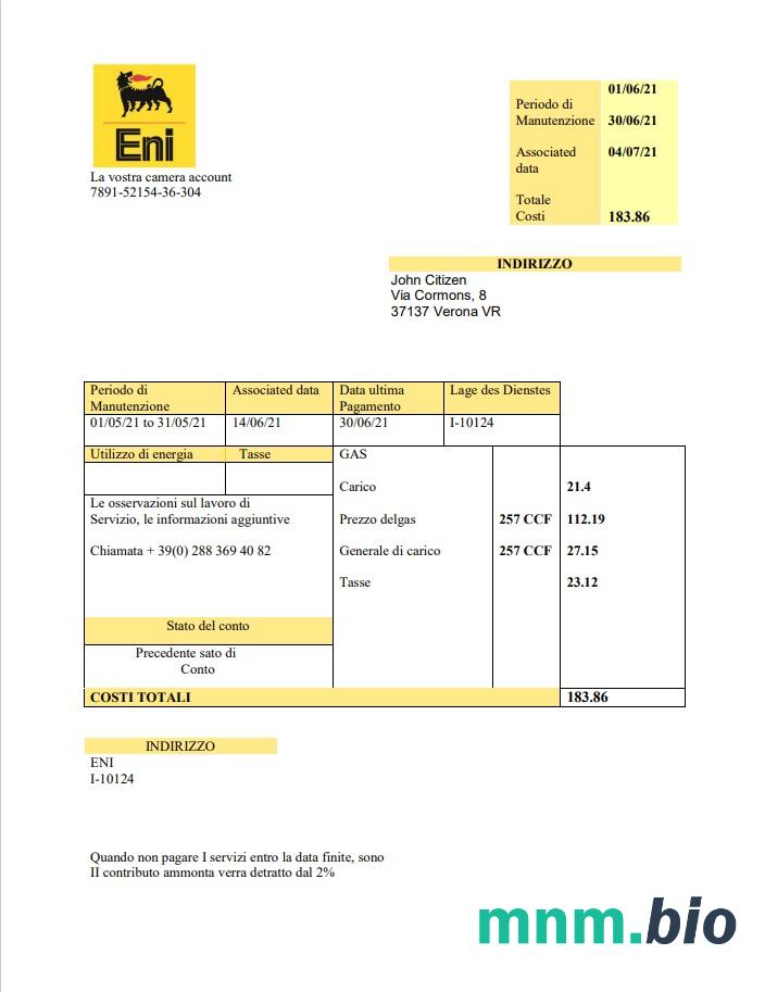Włochy Gaz narzędzie bill szablon w .doc i .format pdf, w pełni edytowalny